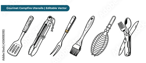 Cuadro en lienzo Campfire cooking utensils vector set of barbecue tools and camping kitchen gear including spatula, tongs, fork, basting brush, grilling basket, and multitool cutlery for outdoor picnic design arts