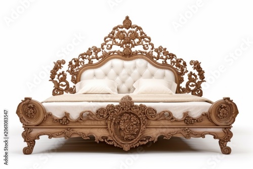 Elaborate baroque style wooden bed featuring a tufted upholstered headboard and intricate carvings
