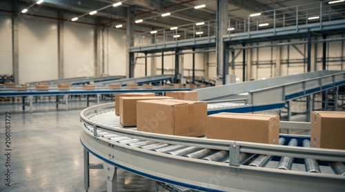 Interior view of a modern industrial warehouse and factory hall with empty rooms, steel architecture, and business furniture in a spacious indoor corridor-like design