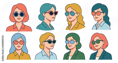 Female avatars wearing diverse sunglasses. Female avatars with various hairstyles wearing sunglasses