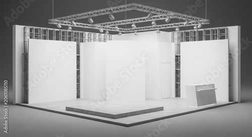 Modern empty white exhibition stand with truss lighting structure and reception desk, ready for trade show display.