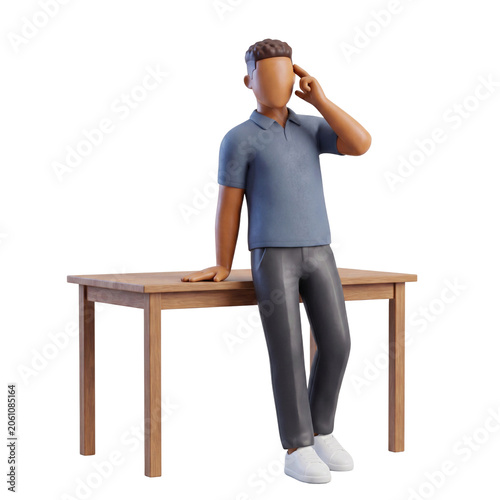 3D Claymorphism Faceless Male Remote Worker Standing Desk Hand To Temple Focused Deliberation Thinking White Background