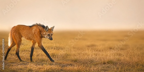 Maned Wolf Walking Through Open Grassland With Banner Space