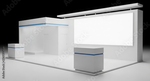 Modern minimalist white exhibition stand with blue accents and a large blank display screen, ideal for trade shows and corporate events in a studio setting.