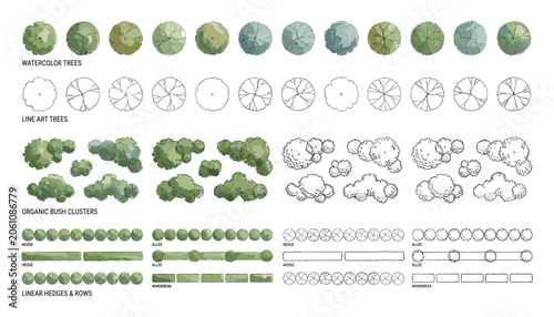 Watercolor and line art trees plant icons and organic bush clusters hedge rows vector collection.