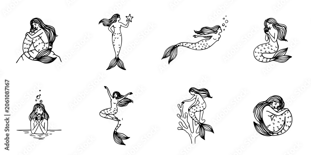 Fototapeta premium Mermaids in Various Poses and Activities Depicted in Black and White Vector Illustrations Featuring Mermaid, Fantasy, Mythical Creature
