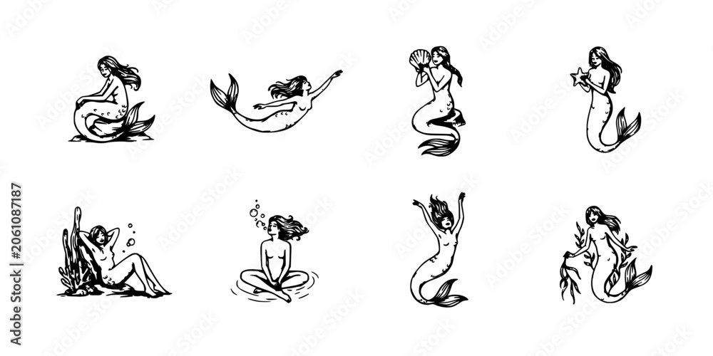 Fototapeta premium Mermaids in Various Poses Illustrated in Black and White Featuring Mermaid, Illustration, Vector with Fantasy and Mythical Elements for Underwater