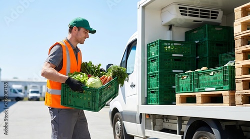 Man in safety vest loading fresh vegetables into refrigerated truck, food distribution and logistics business, fresh produce delivery and transportation.