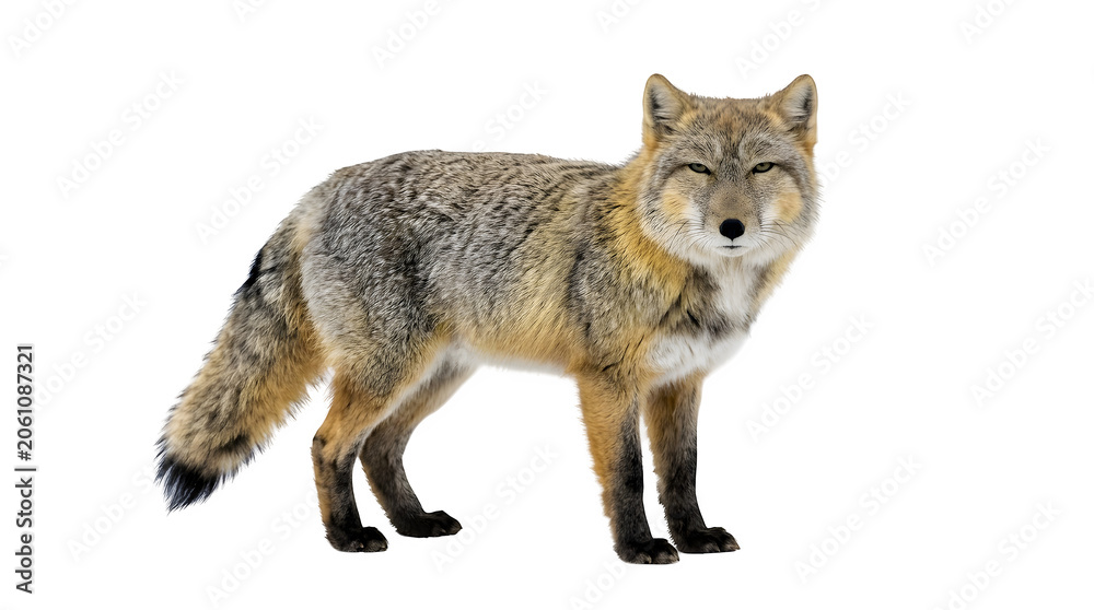 Obraz premium Corsac fox standing gracefully in a studio setting showing its thick grey and tan fur with sharp intelligent eyes looking directly at the camera lens against a solid white background.