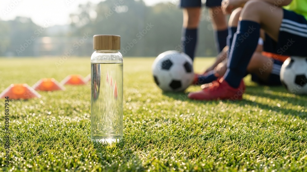 Naklejka premium Glass Water Bottle on Soccer Field with Players Training in the Blurred Background for water break design concept 