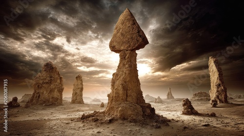 Dramatic natural rock formations rise above a desolate, barren landscape under a turbulent sky