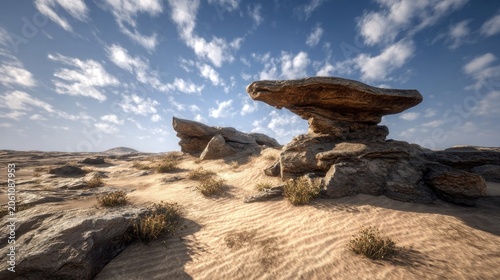 Weathered rock formations rise dramatically above rippled desert sands under a bright blue sky.