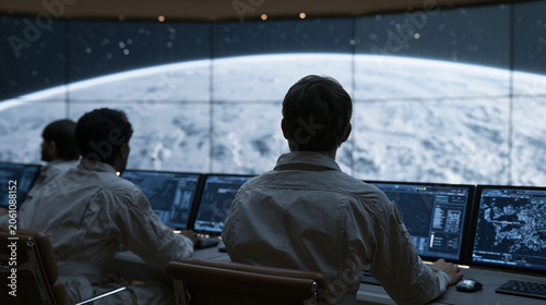 Orbital debris field visualized through massive ground control room panoramic display where multinational engineers in technical jumpsuits analyze trajectory algorithms across
