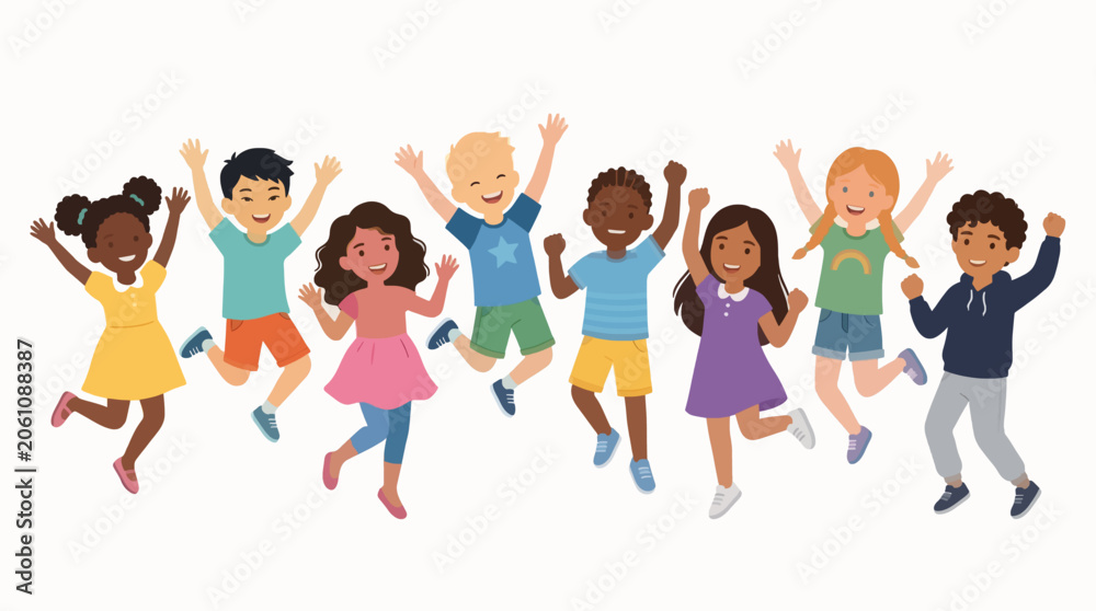 Obraz premium Diverse Happy Children Jumping Flat Illustration Vector Graphic For Commercial Use