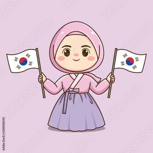 Cute Korean Hijab Girl Wearing Traditional Hanbok Cartoon Illustration