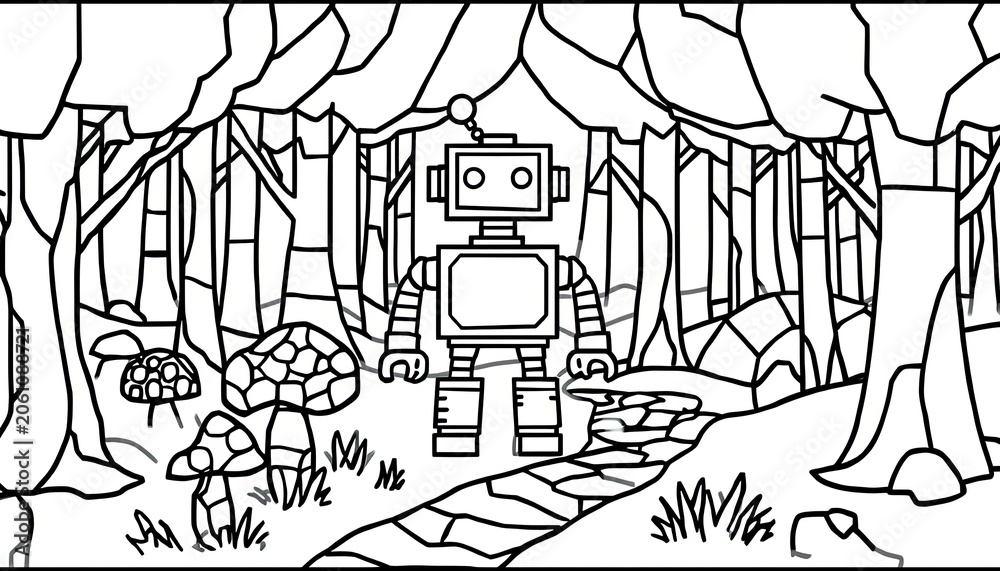 Naklejka premium Unplugged Coding & Mindfulness: Friendly Robot Stained Glass Coloring Adventures