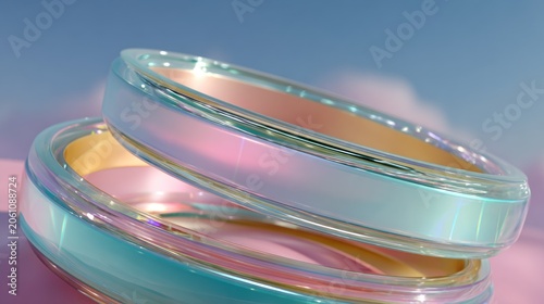 Two iridescent, shimmering circular bands rest upon a soft pink surface against a blue background.