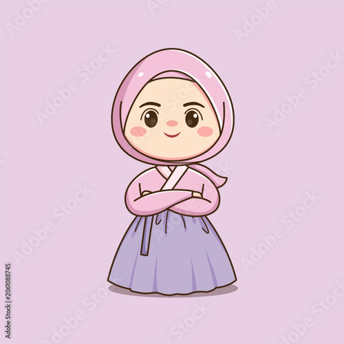 Cute Korean Hijab Girl Wearing Traditional Hanbok Cartoon Illustration