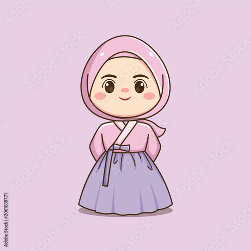 Cute Korean Hijab Girl Wearing Traditional Hanbok Cartoon Illustration