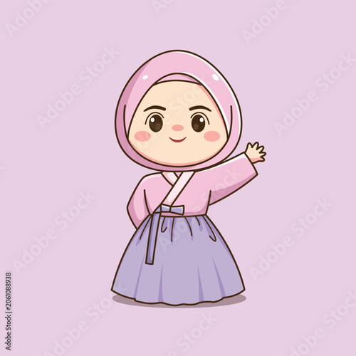 Cute Korean Hijab Girl Wearing Traditional Hanbok Cartoon Illustration