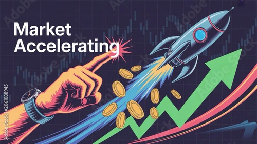 Market accelerating concept with rocket and coins on a graph background