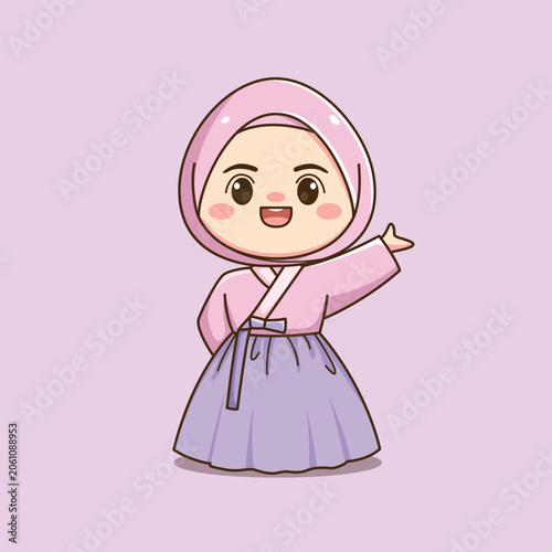 Cute Korean Hijab Girl Wearing Traditional Hanbok Cartoon Illustration