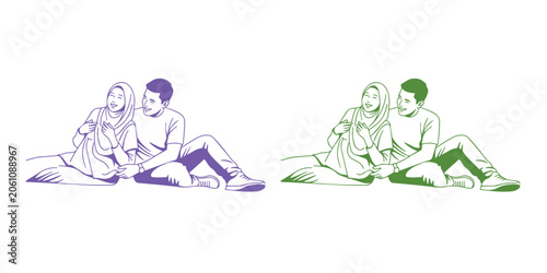 Foto Happy young Muslim couple sitting together on the ground hand drawn line art illustration set