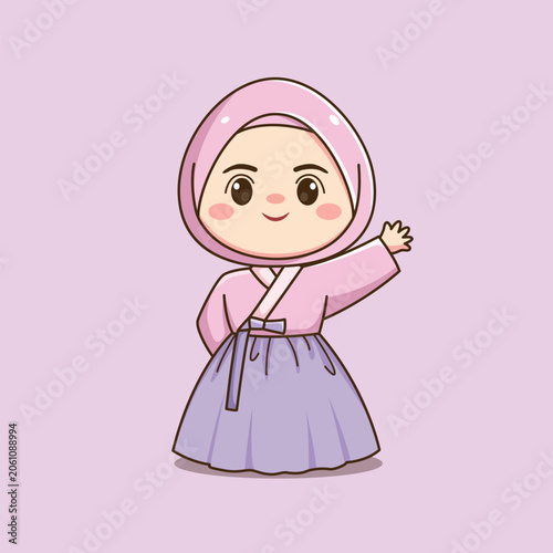 Cute Korean Hijab Girl Wearing Traditional Hanbok Cartoon Illustration