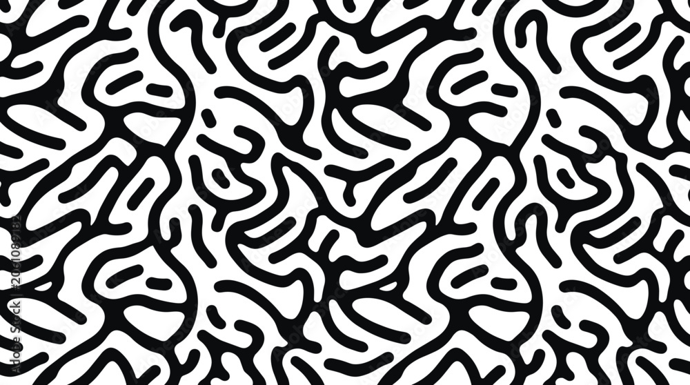 Fototapeta premium Seamless pattern with black organic wavy lines on a white background, abstract fluid shapes and interconnected curves for textile or wallpaper surface texture