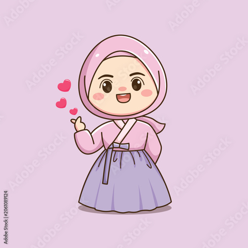 Cute Korean Hijab Girl Wearing Traditional Hanbok Cartoon Illustration