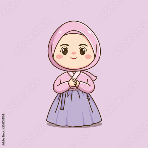 Cute Korean Hijab Girl Wearing Traditional Hanbok Cartoon Illustration