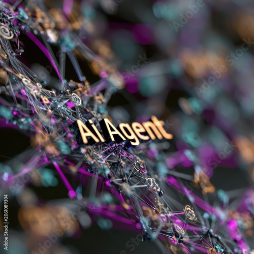 3D network diagram, glowing text 