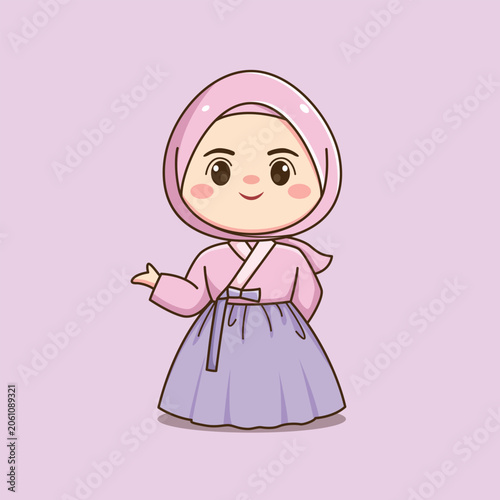 Cute Korean Hijab Girl Wearing Traditional Hanbok Cartoon Illustration