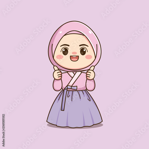 Cute Korean Hijab Girl Wearing Traditional Hanbok Cartoon Illustration