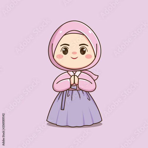 Cute Korean Hijab Girl Wearing Traditional Hanbok Cartoon Illustration