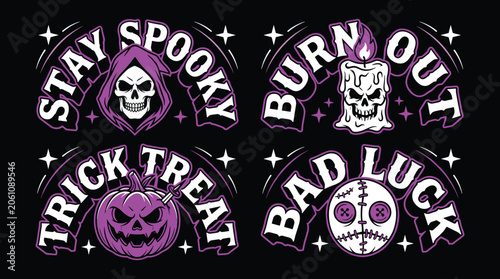 Photos Set of four spooky halloween themed stickers featuring a grim reaper, melting sk