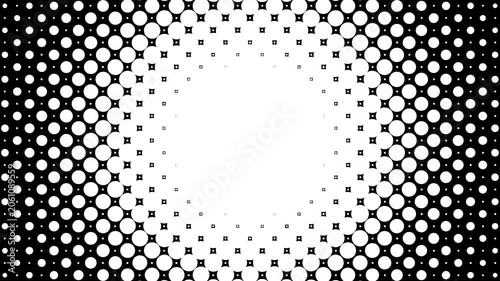 Abstract pop art in the form of dots. Optical illusion of a black and white vignette in the form of a tunnel circle. Minimalistic monochrome frame with space for copying.