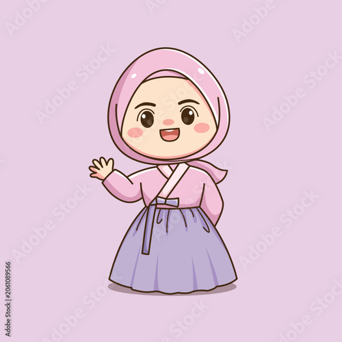 Cute Korean Hijab Girl Wearing Traditional Hanbok Cartoon Illustration