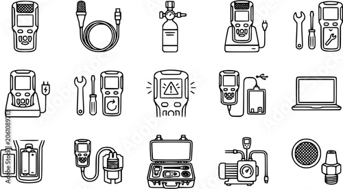 Black and White Line Art Icons of Industrial Measurement and Testing Equipment