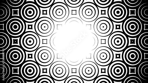 Minimalistic monochrome design with concentric circles. Vintage frame with geometric circles and squares in the style of the 60s.