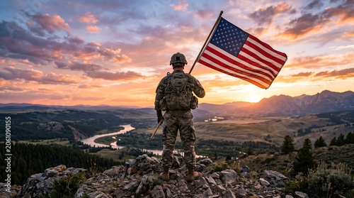 4th of july independence day usa soldier with american flag sunset