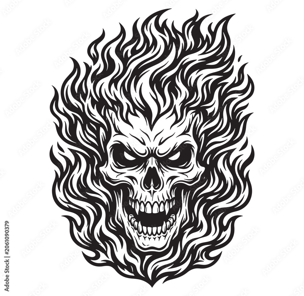Fototapeta premium Flaming skull with wavy fire design and open mouth graphic illustration