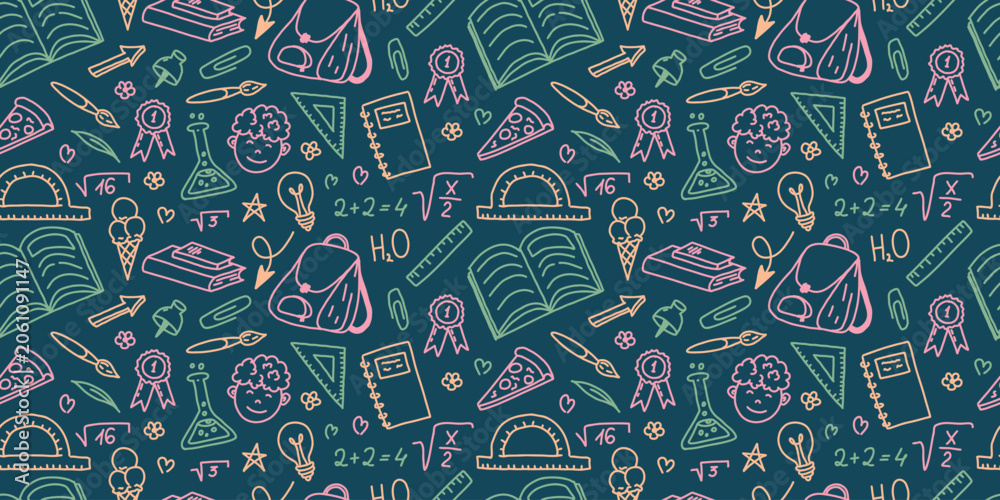 Naklejka premium Back to School Seamless Pattern with Education Doodles and Learning Icons