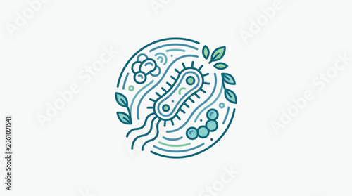 Photos Stylized illustration of a bacterium with flagella and surrounding microorganisms
