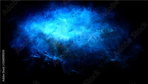 Fotografía Abstract swirling blue smoke or gas cloud illuminated intensely bright light against dark backdrop, evoking mystery ethereal beauty
