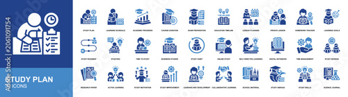 Study Plan icon set collection. Evaluation, Study schedule , Learning icon. Simple glyph color vector.