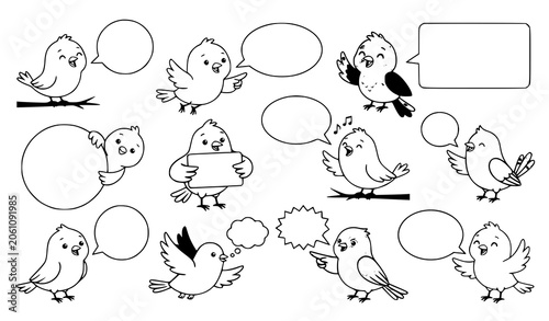 Cute Cartoon Birds with Empty Speech Bubbles Black and White Coloring Page