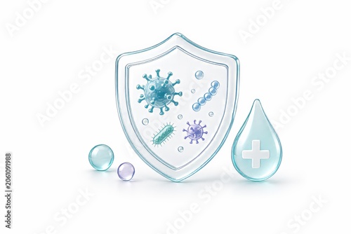 Minimal 3D protective shield with abstract virus and bacteria particles plus sanitizer droplet on white background. Infection prevention concept.