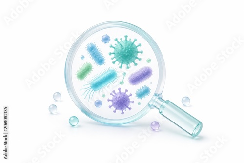 Minimal 3D magnifying glass over colorful generic bacteria and virus particles on white background. Microbe research and medical science concept.