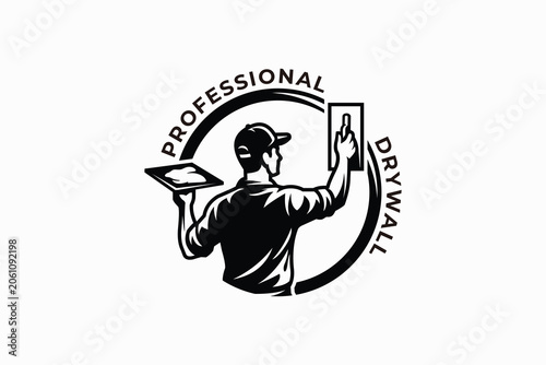 Obraz na płótnie Professional Drywall Installer Worker Construction Service Logo Design Template